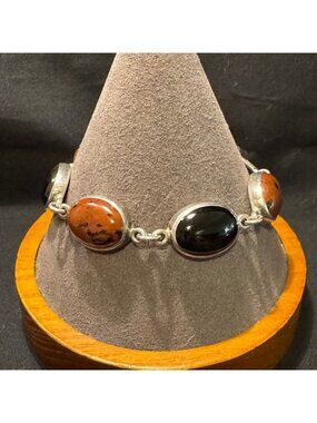 Sterling Silver 925 Mahogany Obsidian Black Onyx Chain Bracelet Size 7" Length